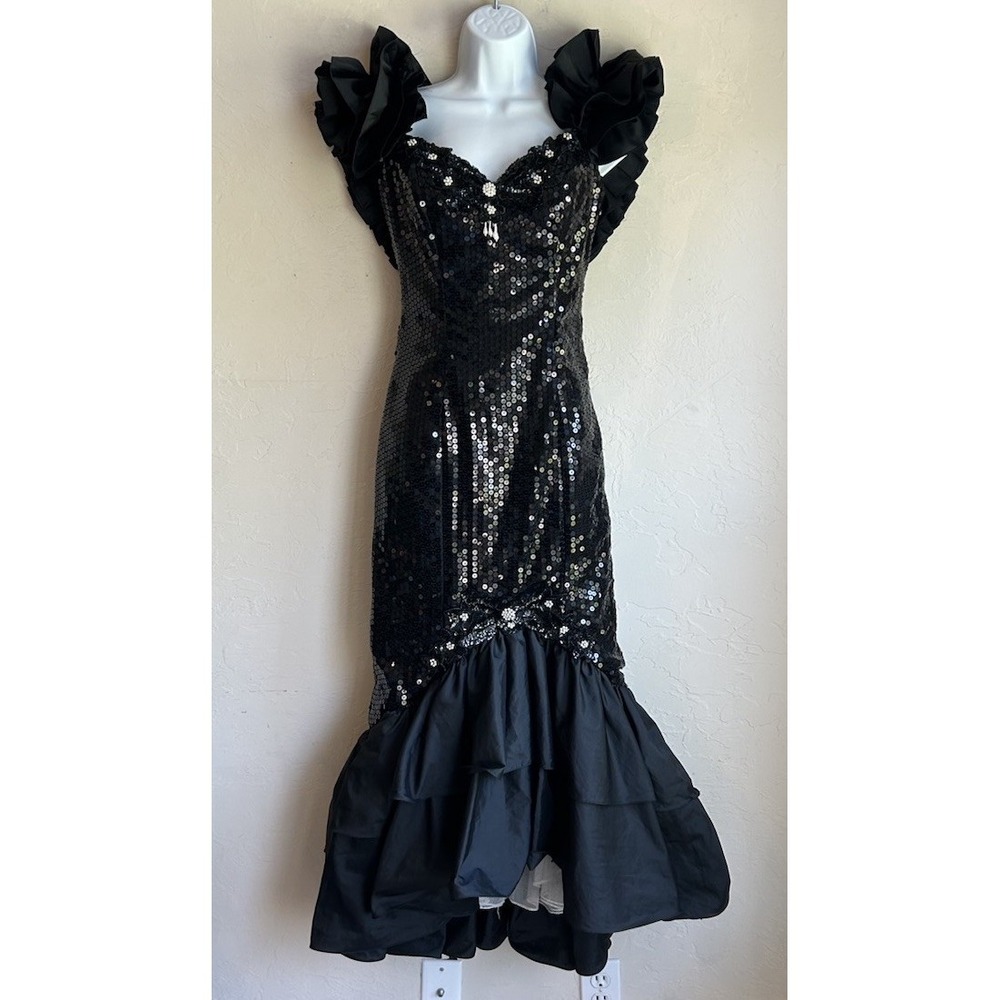 Vintage 80s Alyce Designs Prom Party Dress 10 Sequin Bow Glam Black Maximalist